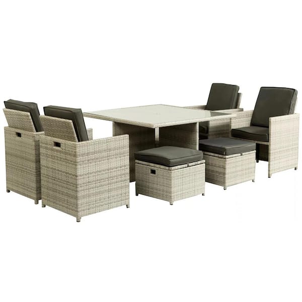 Afoxsos Light Gray 9-Piece PE Wicker Outdoor Dining Set Aluminum Frame Conversation Set with Dark Gray Cushions and 4 Ottomans