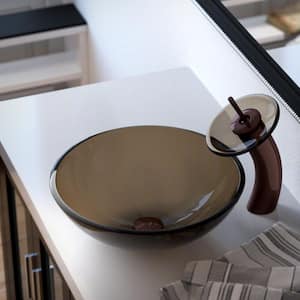 Glass Vessel Sink in Taupe with Waterfall Faucet and Pop-Up Drain in Oil Rubbed Bronze