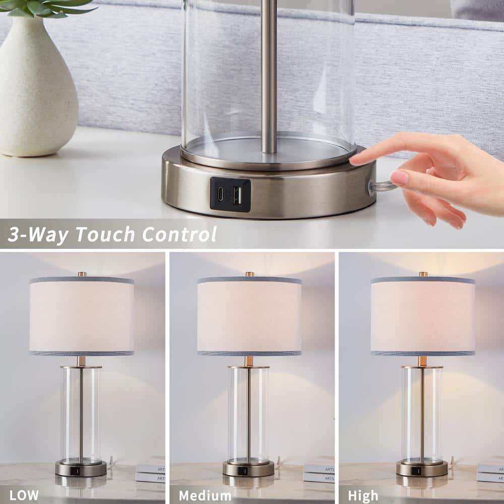 Brushed Nickel Glass Table Lamps with USB Ports and AC Outlet, Set of 2