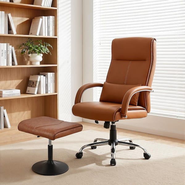 Adjustable Foot Rest Under Desk Ottoman, PU Leather Ergonomic Leg Support Stool for Office and Home, Brown Seat