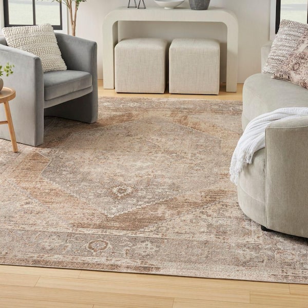 Astra Machine Washable Beige 8 ft. x 10 ft. Center medallion Traditional Area Rug