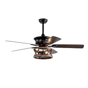 52 in. Indoor Black 3 Lights Ceiling Fan with Lights Remote 5 Wood Blades, 3-Speed Ceiling Fan with Caged Light Fixture