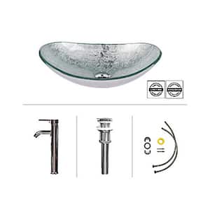 Artistic Tempered Glass Bathroom Sink Oval Shape Vessel Sink with Faucet Combo Silver