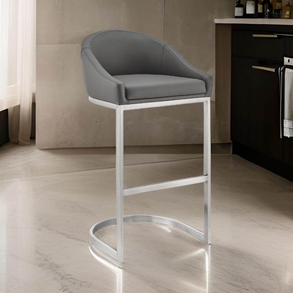 Benjara 30 in. Gray and Chrome Low Back Metal Frame Bar Stool with Faux