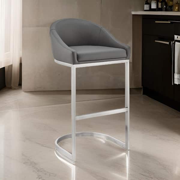 Benjara 30 in. Gray and Chrome Low Back Metal Frame Bar Stool with Faux Leather Seat