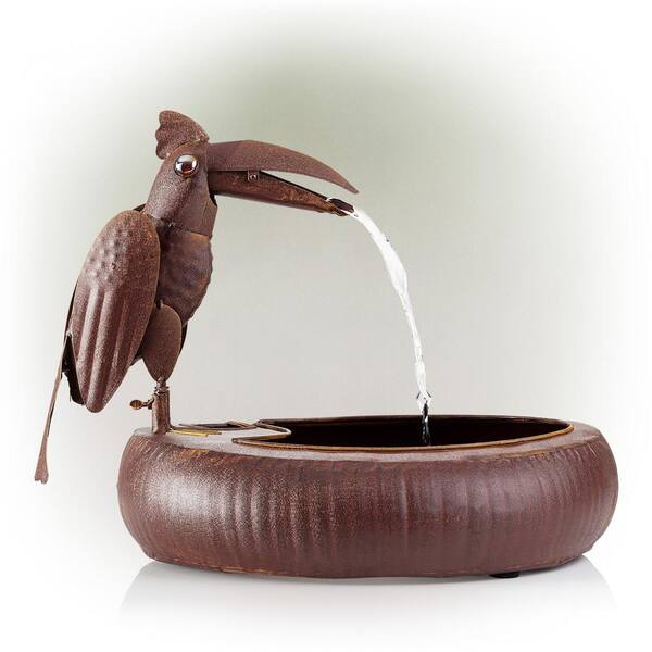 Alpine Corporation - 16 in. Tall Indoor/Outdoor Rustic Metal Toucan Water Fountain Yard Statue Decoration, Brown