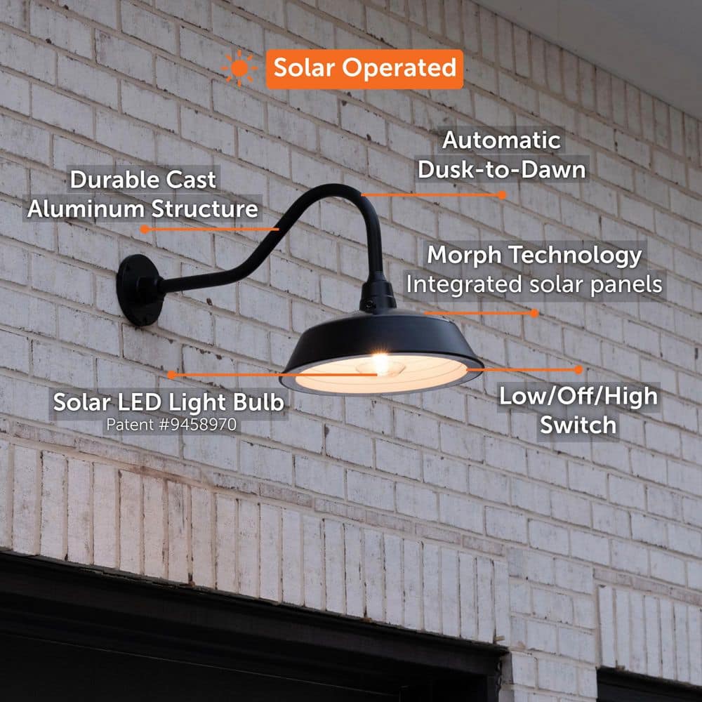 Black Aluminum Solar Barn Light with Gooseneck Design