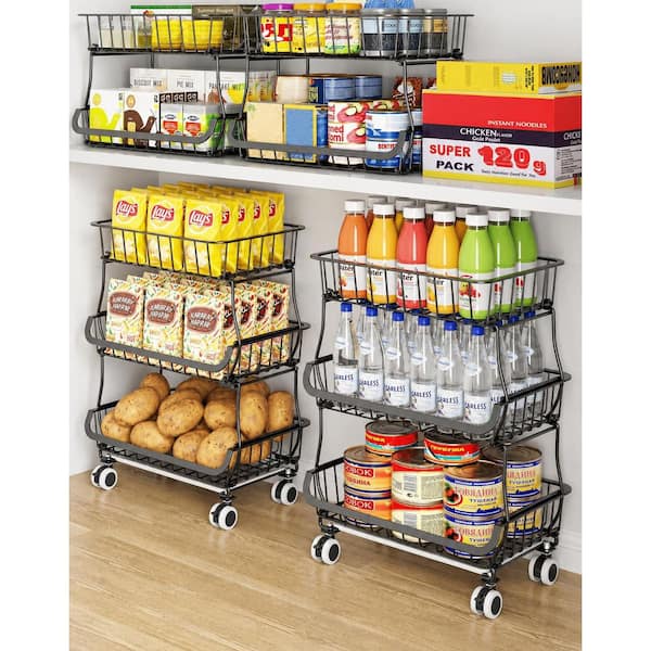 Black 3-Tier Rolling Pantry Storage Cart with Wheels and Stackable Wire Baskets for Kitchen Fruit and Snacks