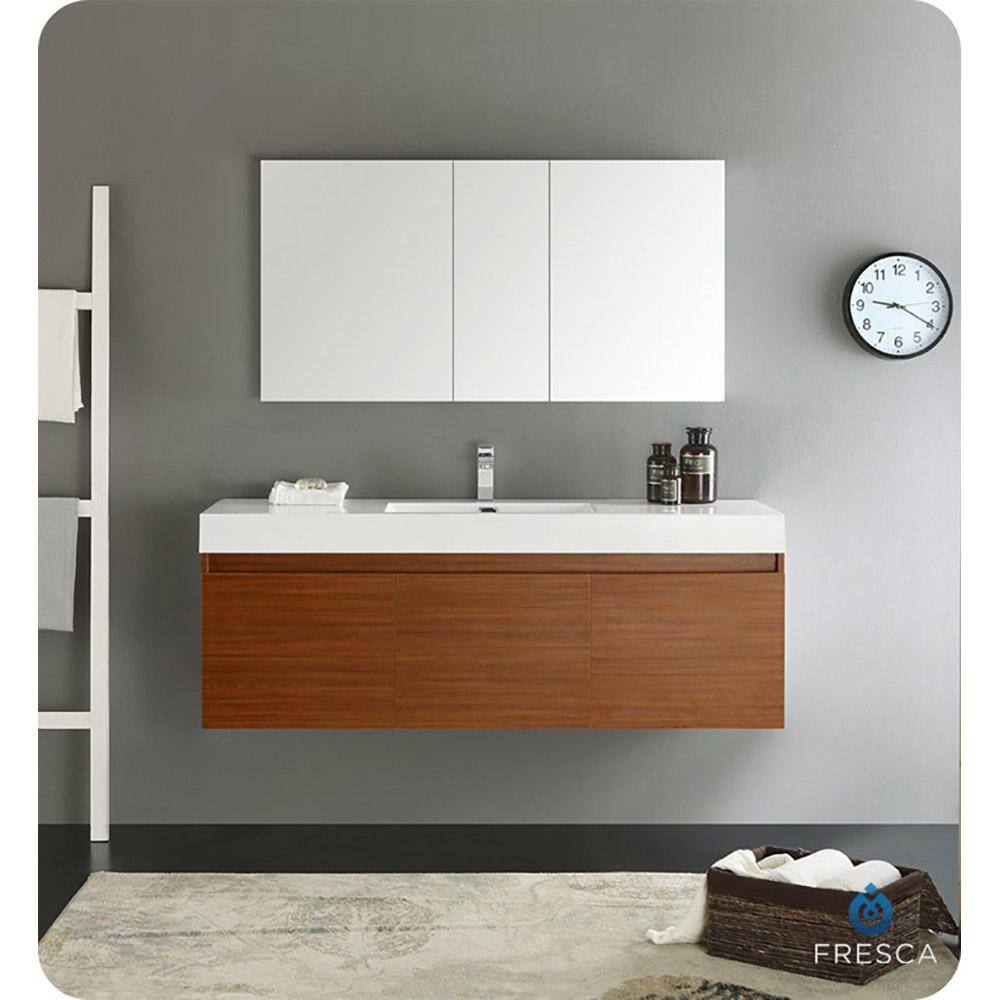 Teak 59" Wall-Mount Single Sink Modern Vanity Base
