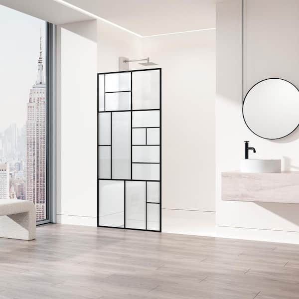 VIGO Meridian 34 in W x 74 in H Framed Shower Screen in Matte Black with Mixed Clear Grid, Privacy, and Fluto White Glass
