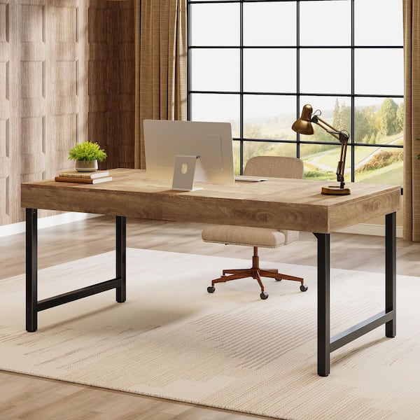 Capen 55 in. Rectangle Brown Engineered Wood Executive Desk with Sturdy Metal Legs for Home Office