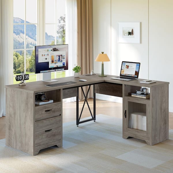 63" L Shaped Gray Wood Corner Desk with Sunlight Door and Power Hub, Computer Desk with Storage Drawers and Open Shelves