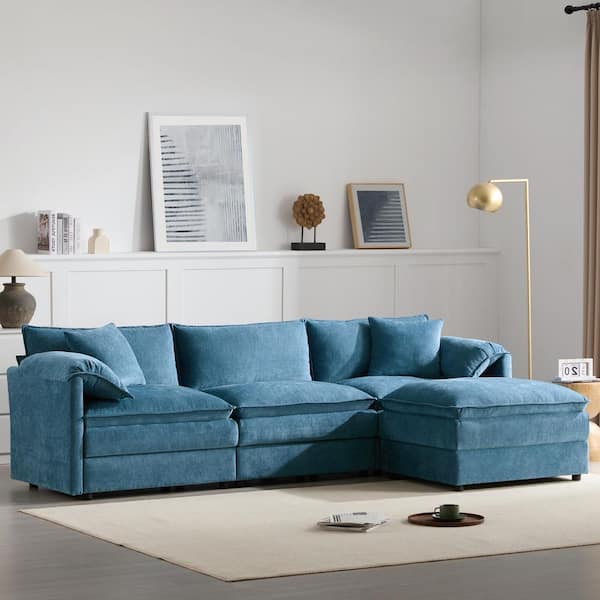 103.5 in. Double Cushions Chenille Modular U Shaped 4-Seat Sectional Sofa in Blue Deep and Wide Seat, Movable Ottomans