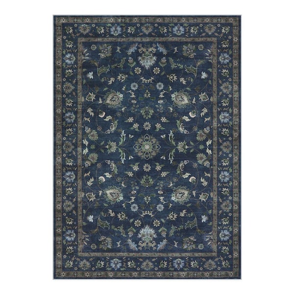 Vintage Floral Vine Washable Non-Slip Blue 5 ft. x 7 ft. Area Rug