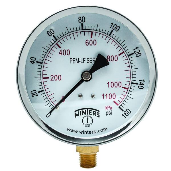 Winters Instruments PEM-LF Series 4 in. Lead-Free Brass Pressure Gauge with 1/4 in. NPT LM and 0-160 psi/kPa