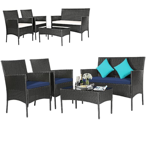 Costway 4PCS Wicker Patio Conversation Set Coffee Table w/Off White Cushions & Navy Cover