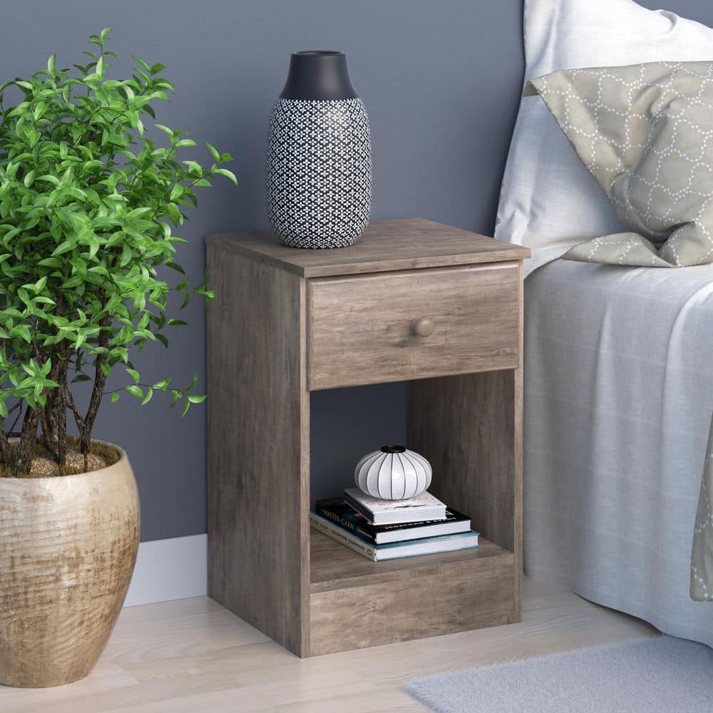 Astrid Tall 1-Drawer Nightstand in Drifted Gray with Solid Wood Knobs