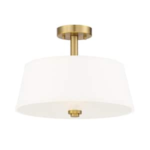 Studio 15 in. 2-Light Brushed Gold Semi-Flush Mount Ceiling Light with White Fabric Shade