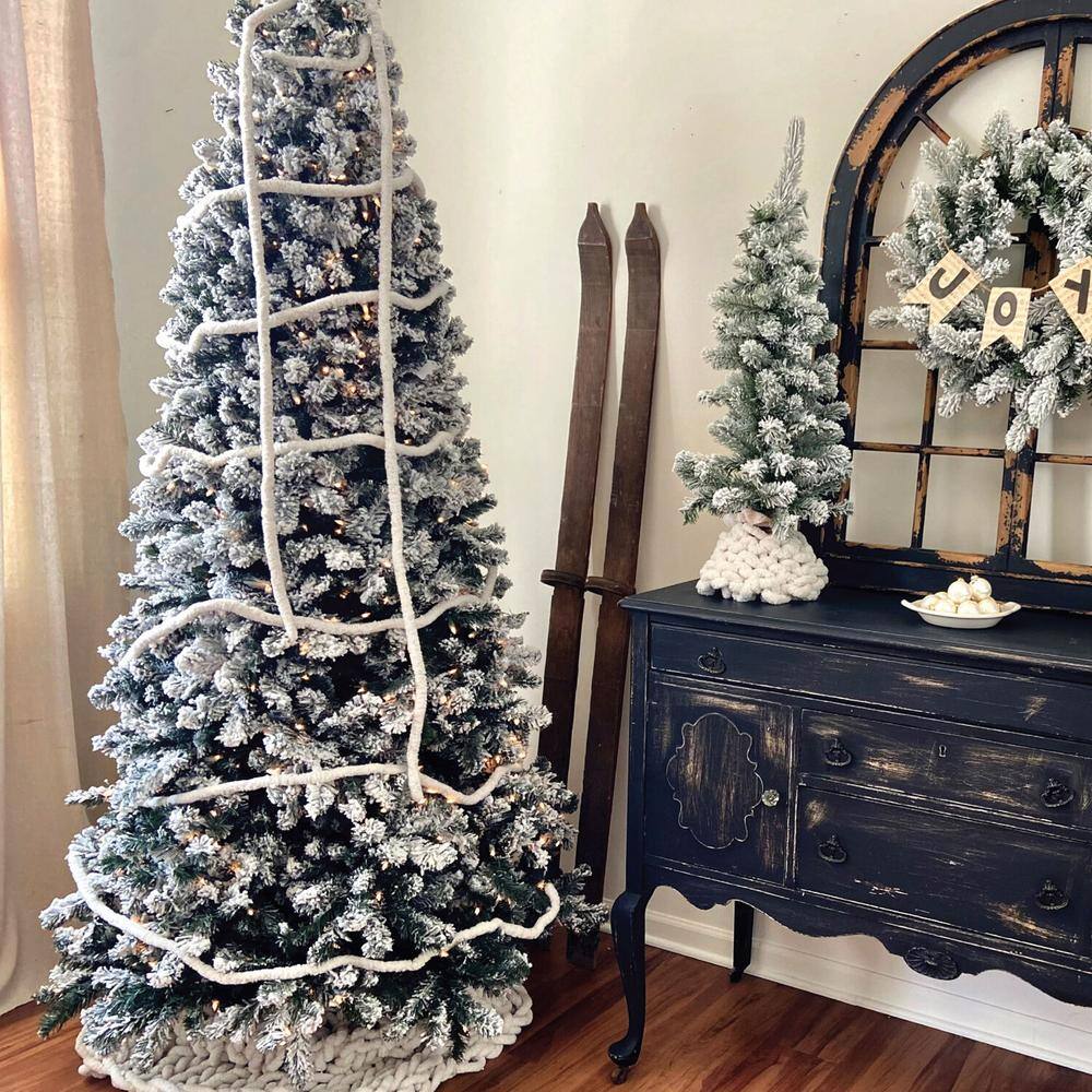 12-Ft White Flocked Pine Christmas Tree with Warm LED Lights