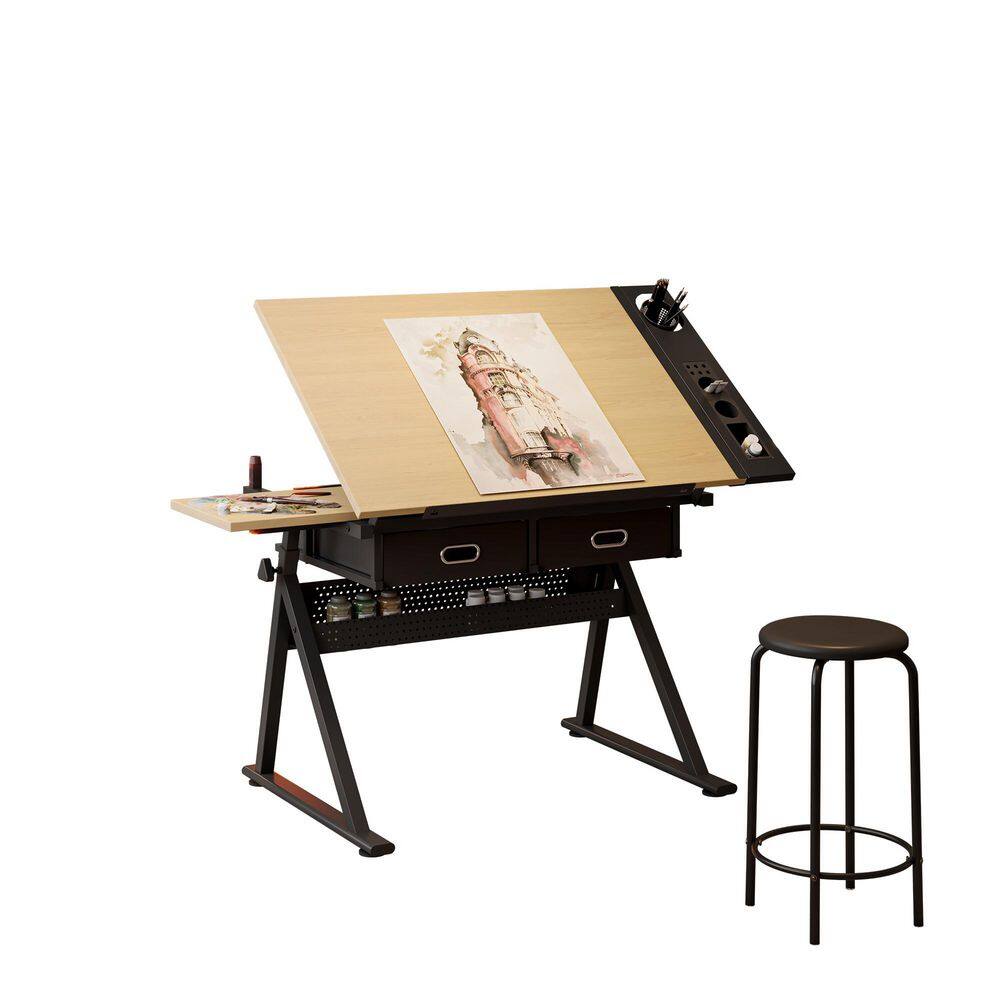 39 in. Natural Adjustable Drafting/Writing Desk and Chair