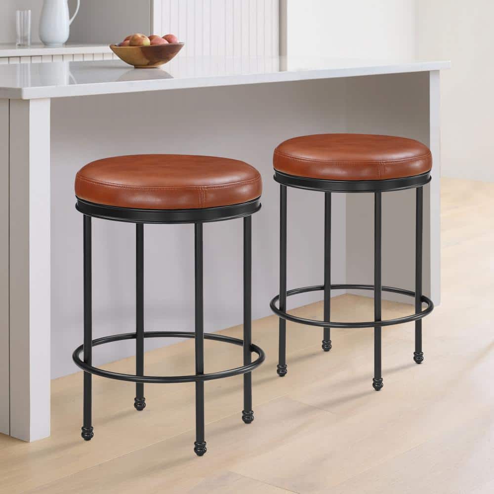 Montecarlo Adjustable Black Metal & Caramel Faux Leather Backless Stool
