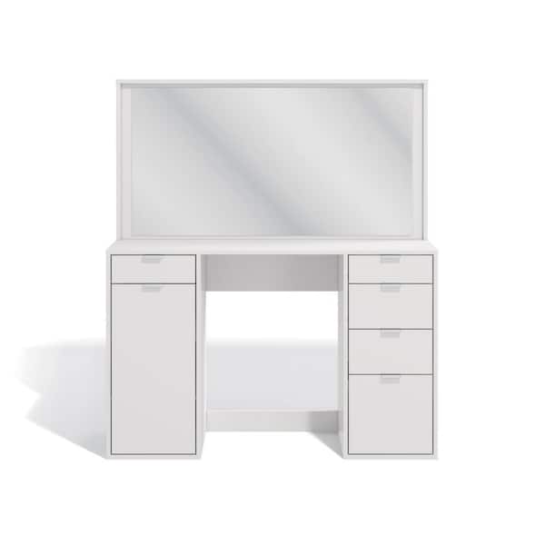 K1 INTERNATIONAL GROUP L Sofia 5-Drawer White Vanity with Mirror and Storage Door 54.33 in. H x 47.25 in. W x 17.7 in. D