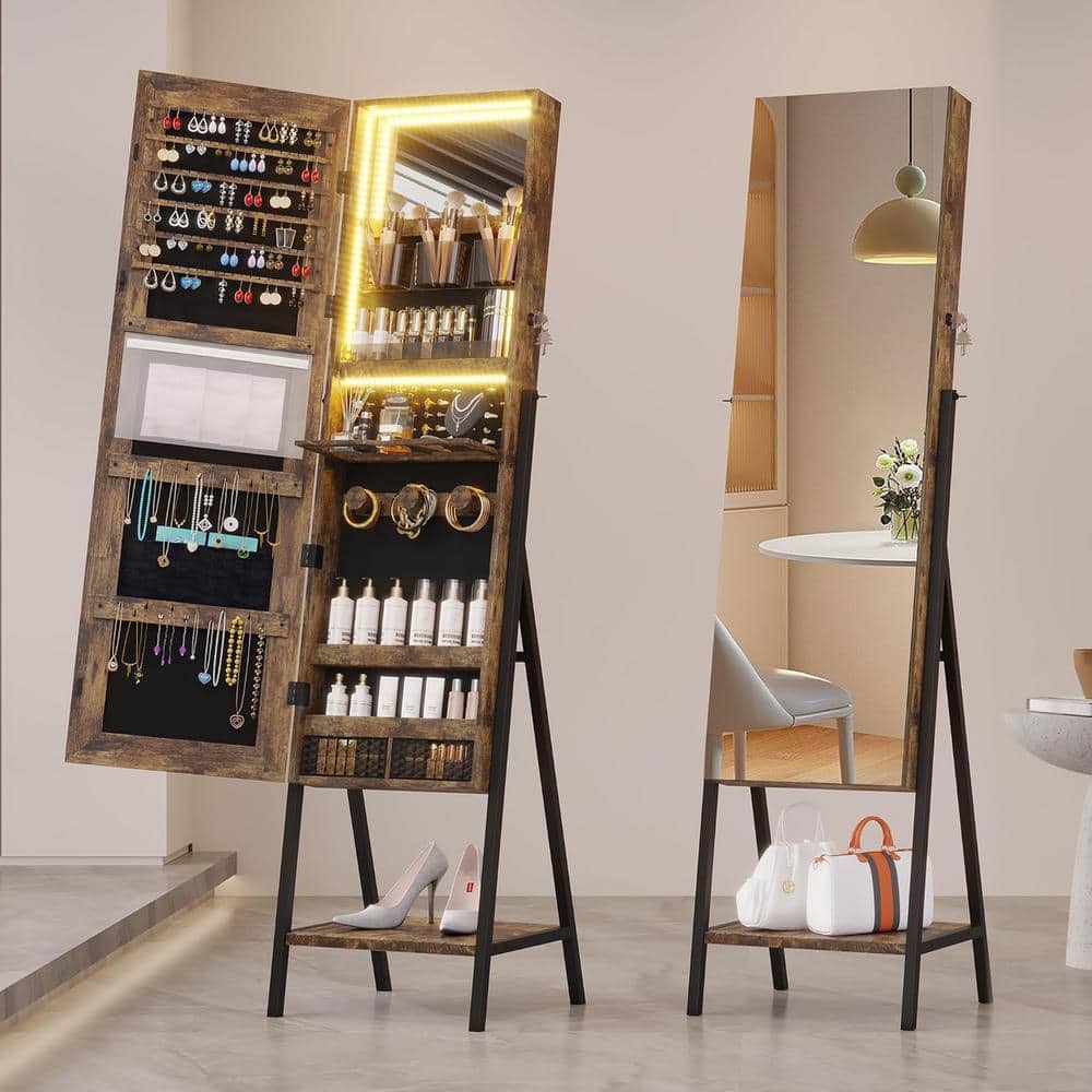 Rustic Brown Light Wood Full-Length Mirror Jewelry Cabinet Armoire
