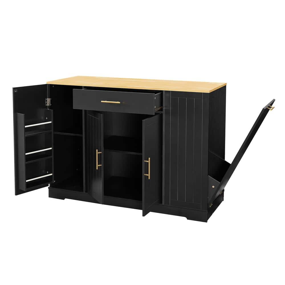 Black Wood 53 in. Kitchen Island with Trash Can Storage Cabinet with Drawer
