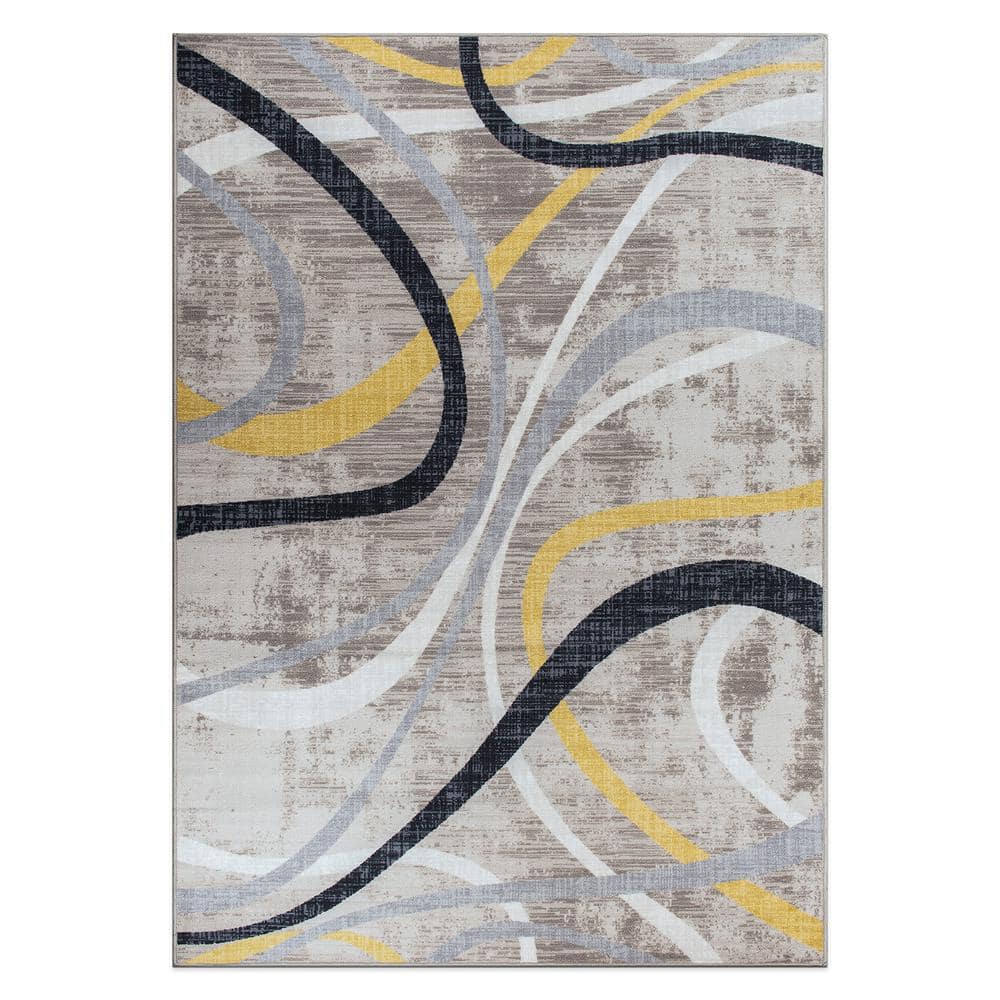 Contemporary Distressed Yellow and Gray Abstract Non-Slip Area Rug 5' x 7'