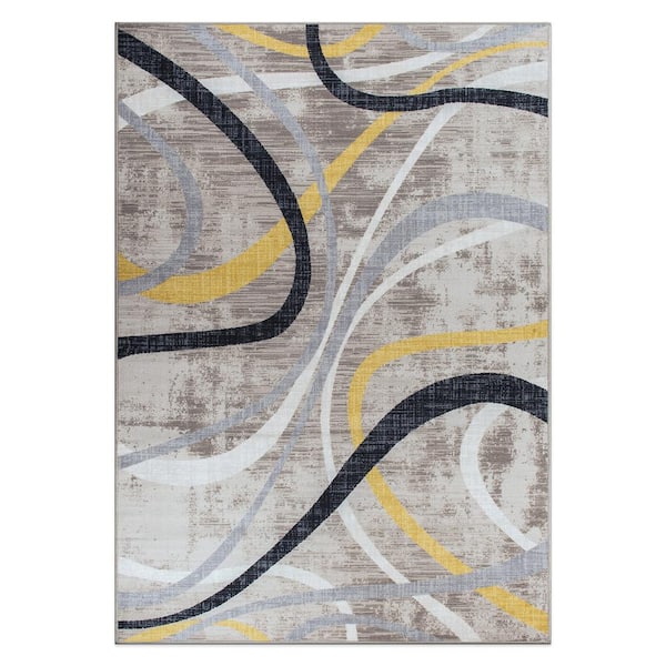 Contemporary Distressed Yellow 5 ft. x 7 ft. Abstract Lines Non Slip Area Rug