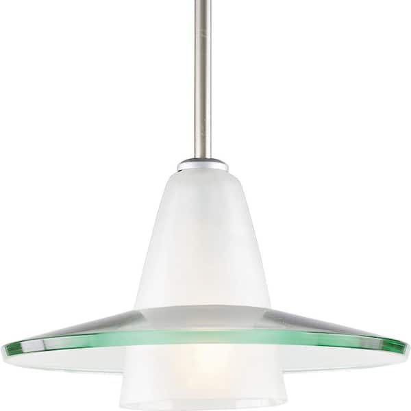 Progress Lighting 12 in. 1-Light Brushed Nickel Modern Mini Pendant Light with Clear And Etched Glass for Kitchens