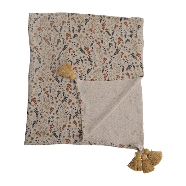 Storied Home Multi-Colored Floral Printed Cotton Blend Throw Blanket with Tassels