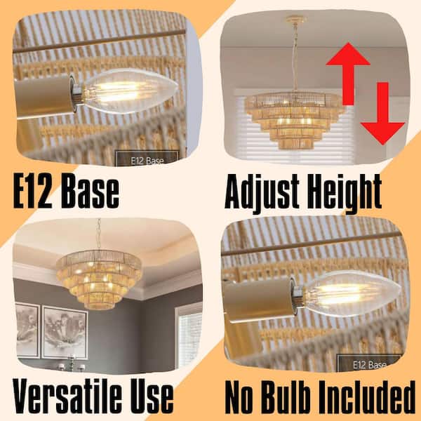 Farmhouse Series 8-Light Brown Wood and Iron Woven Rattan Pendant Chandelier Round Shape for Dining(No Bulbs)