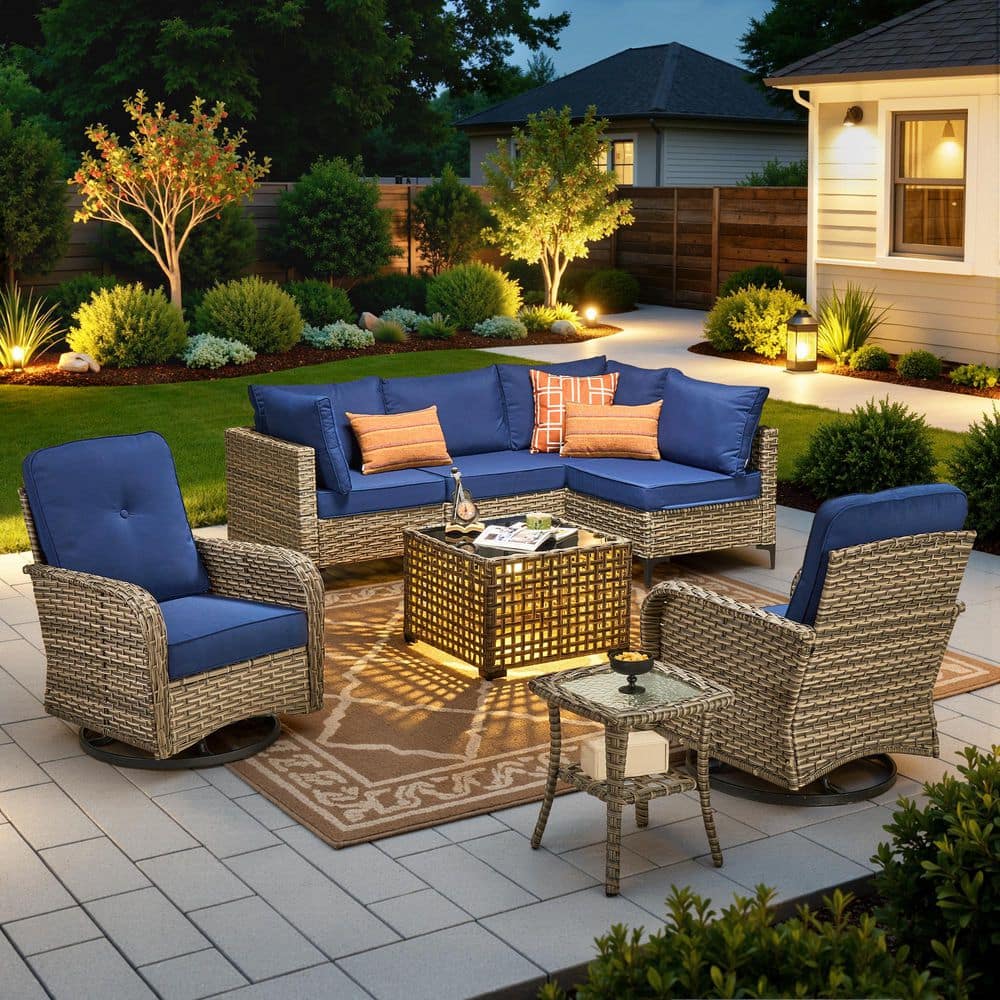 Reno 8-Piece Wicker All-Weather Outdoor Patio Conversation Sectional Set with Swivel Chairs and Navy Blue Cushions price history on PriceWatchPro