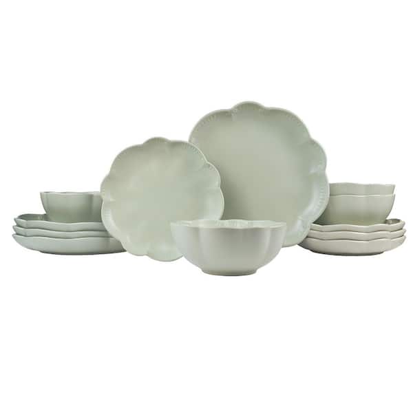 Sango Bethany 12 Pieces Scalloped Dinnerware Set, Sage Green Dishes for 4, Premium Serving Plates & Bowls Sets