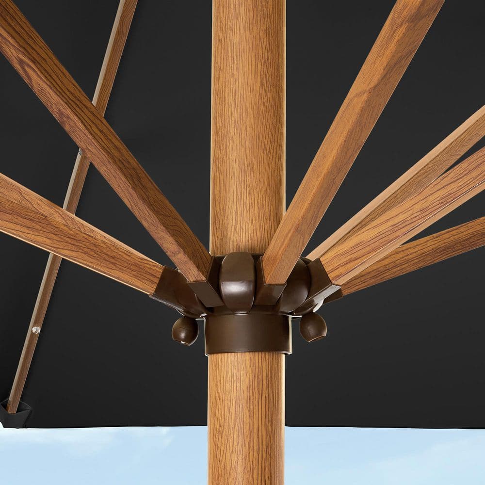 9ft Black Solar LED Lighted Market Patio Umbrella with Faux Wood Texture