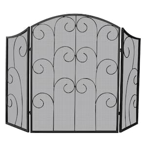 Black Wrought Iron 52 in. W 3-Panel Fireplace Screen with Decorative Scroll and Heavy Guage Mesh
