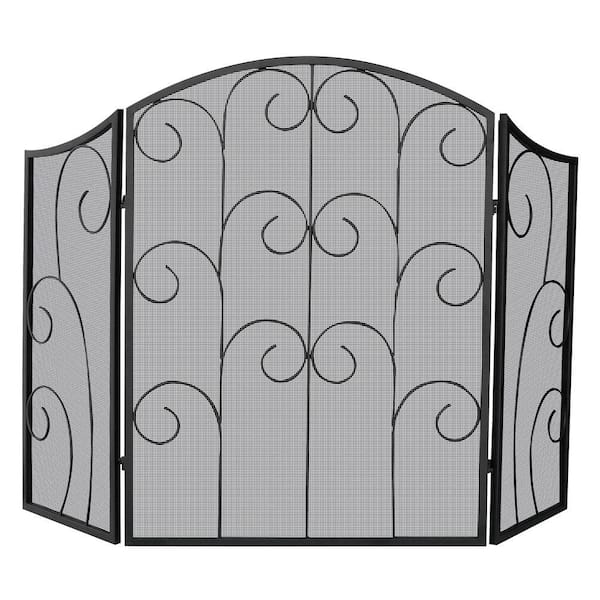 UniFlame Black Wrought Iron 52 in. W 3-Panel Fireplace Screen with Decorative Scroll and Heavy Guage Mesh