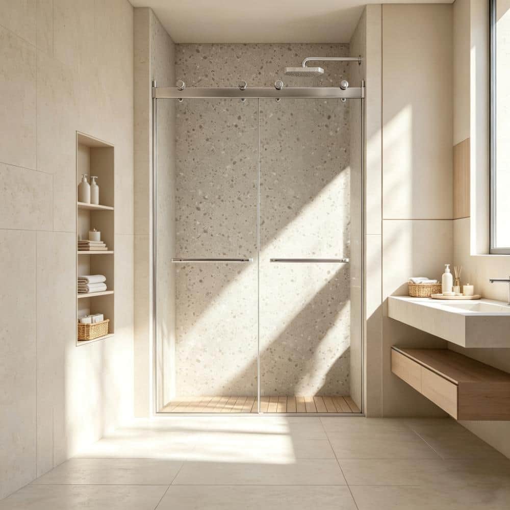 "54 in. W x 75 in. H Dual Sliding Frameless Shower Doors in Brushed Nickel with 5/16""(8mm) ANSI-certified Tempered Glass" price history on PriceWatchPro