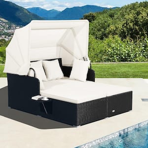 Wicker Outdoor Day Bed Lounge with Retractable Top Canopy Side Tables Off White Cushions