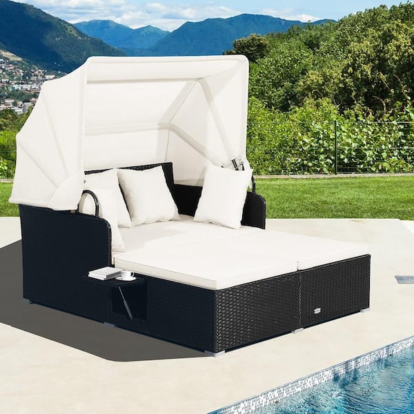Wicker Outdoor Day Bed Lounge with Retractable Top Canopy Side Tables Off White Cushions