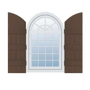 14 in. W x 94 in. H Vinyl Exterior Arch Top Joined Board and Batten Shutters Pair in Federal Brown