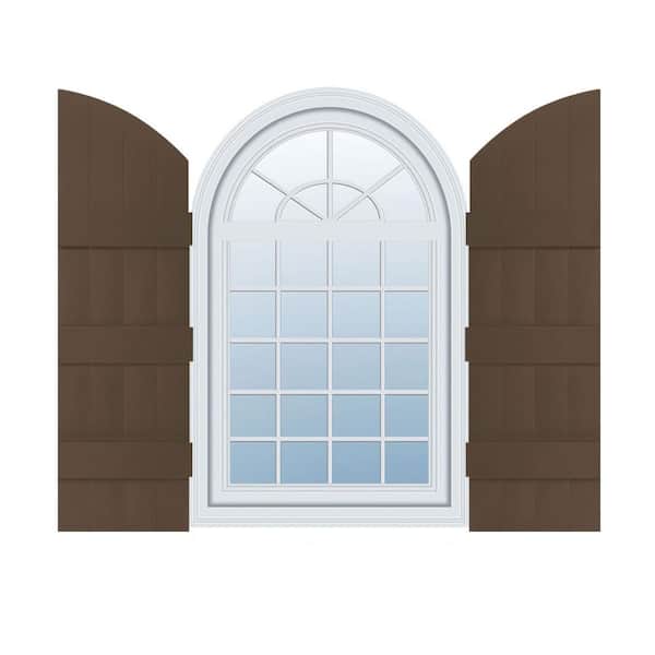 Builders Edge 14 in. W x 94 in. H Vinyl Exterior Arch Top Joined Board and Batten Shutters Pair in Federal Brown