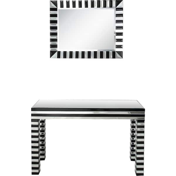 Camden Isle Waves 47.6 in. Black Rectangle Glass Console Table with Wall Mirror