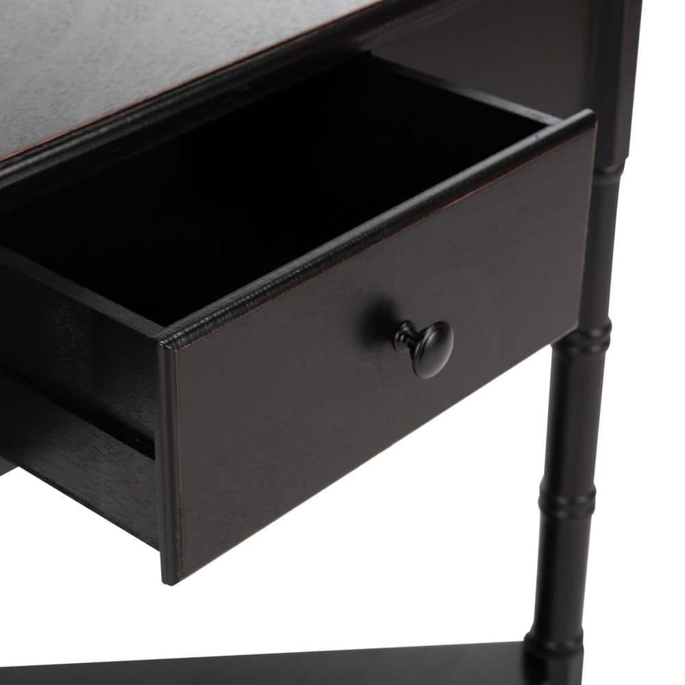 Bamboo-Inspired Triangular Pine Wood Corner Console with Drawer - Black