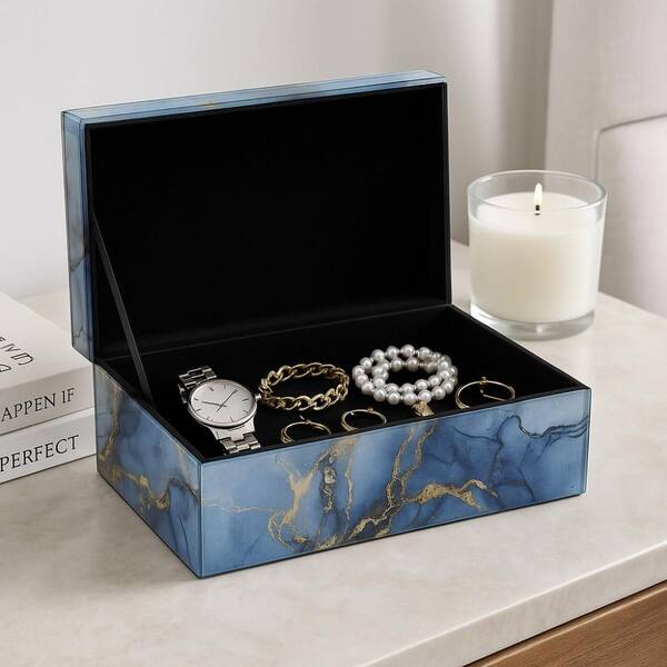 Liv & Skye Blue Rectangle Wood 8.25 in. x 3.25 in. Abstract Storage Box ...