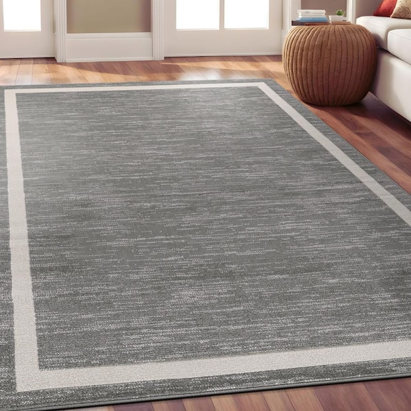 Aura Gray 8 ft. x 10 ft. Rubber Back Washable Modern Bordered Indoor Outdoor Area Rug