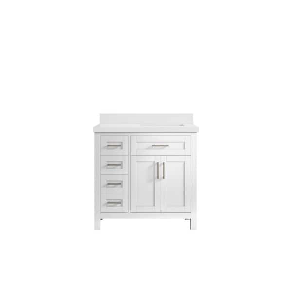 Willow Collections Cambridge 36 in. W x 22 in. D x 36 in. H Right Offset Sink Bath Vanity in White with 2 in. White Quartz Top