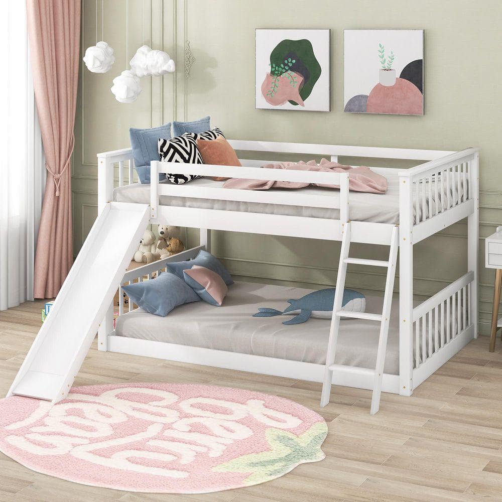 Nestfair White Wood Full Over Full Bunk Bed with Convertible Slide and ...