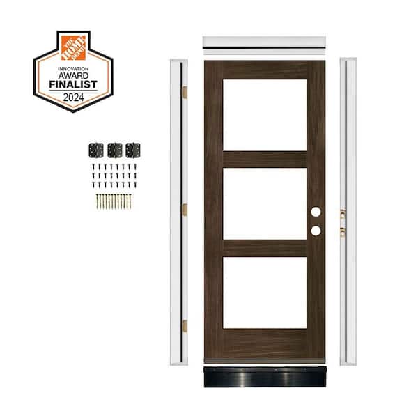 DIY 36 in. x 80 in. Modern Hemlock LeftHand 3-Lite Clear Glass Black Stain Wood Front Door Kit w/ Quick Assemble Jamb
